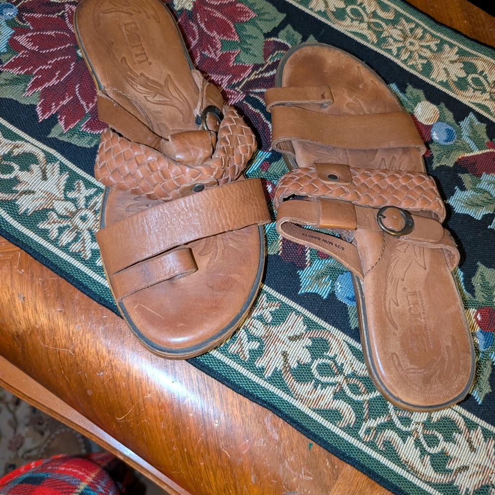 Børn Brown Leather Woven Slide Sandals Buckle Comfort Boho EUC
